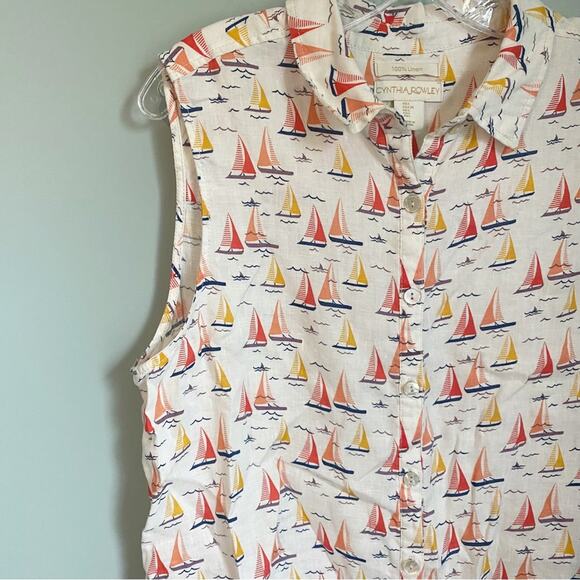 Summer Sailboat Linen Button Down Sleeveless Beach Coverup - Picture 3 of 7